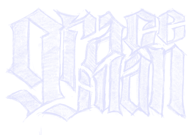 Hand-lettered grace juan in faint blue — sharp blackletter version